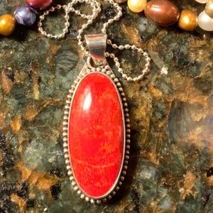 Red coral & sterling silver pendant